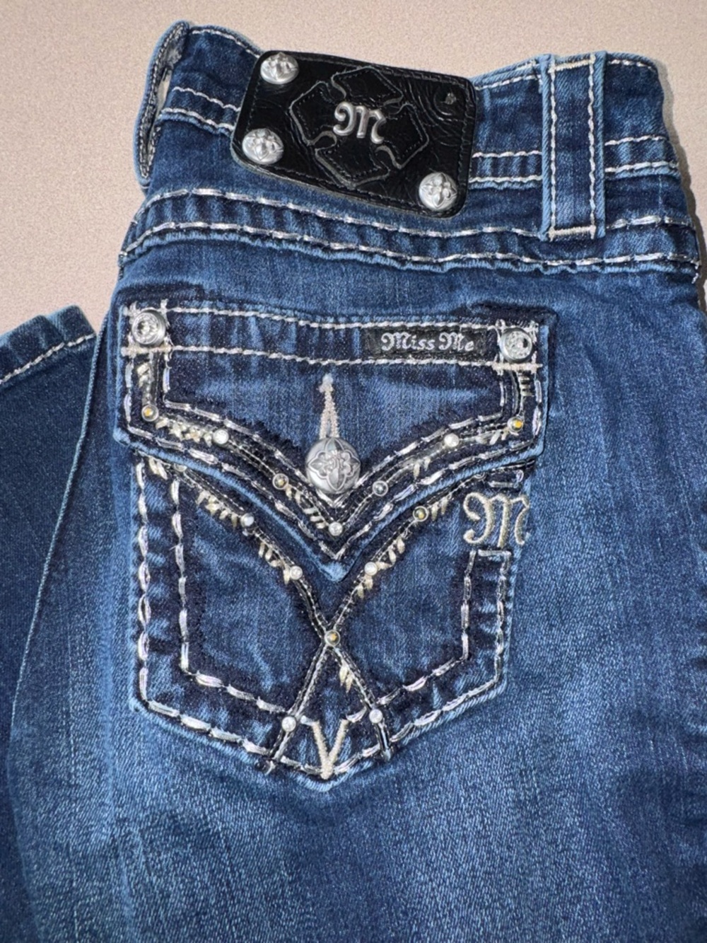 Miss Me Blue Embellished Bootcut Jeans with Decorative Pocket